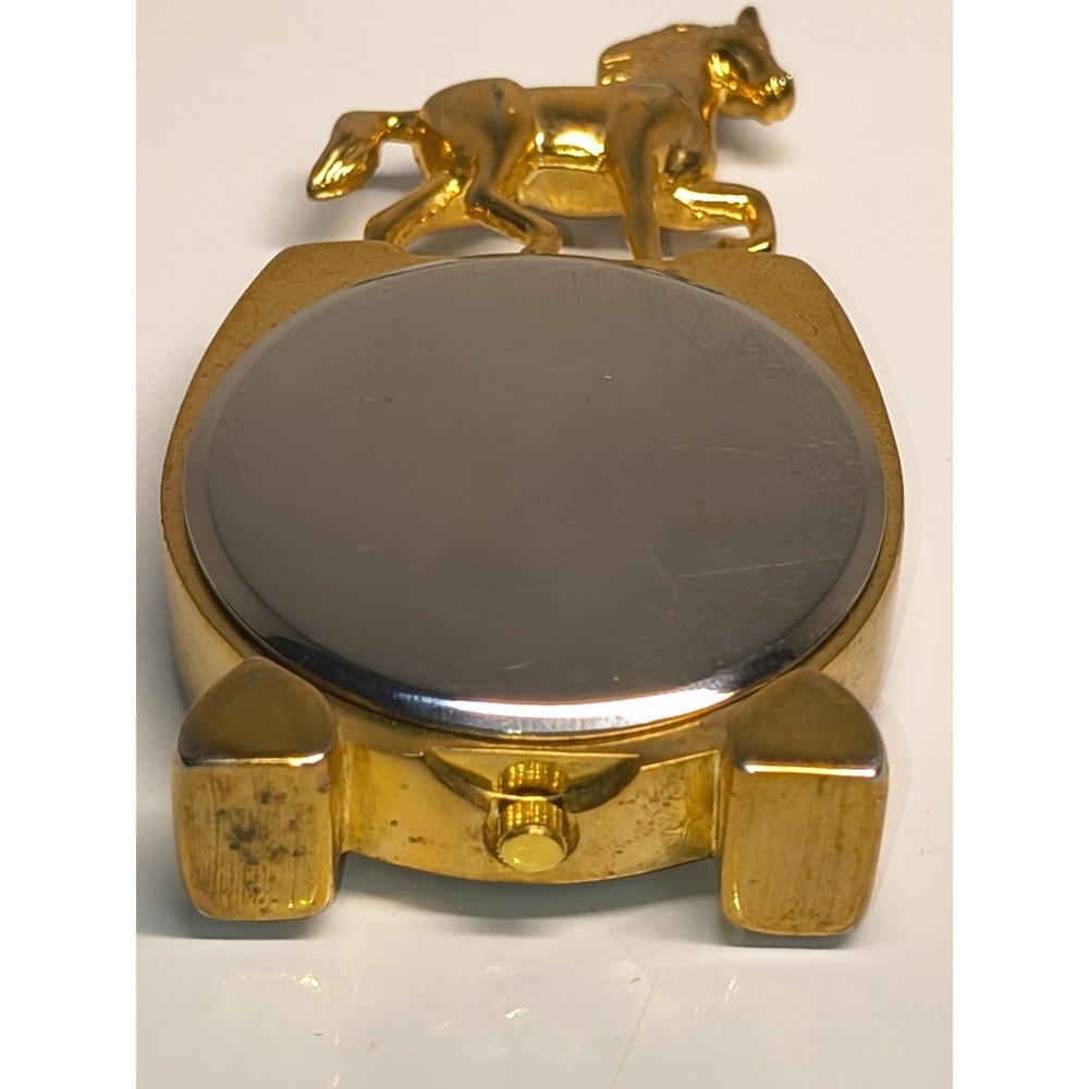 Horse & Lucky Horseshoe Mini Desk Clock Gold Tone- Equestrian Collectible- Works - Picture 7 of 8